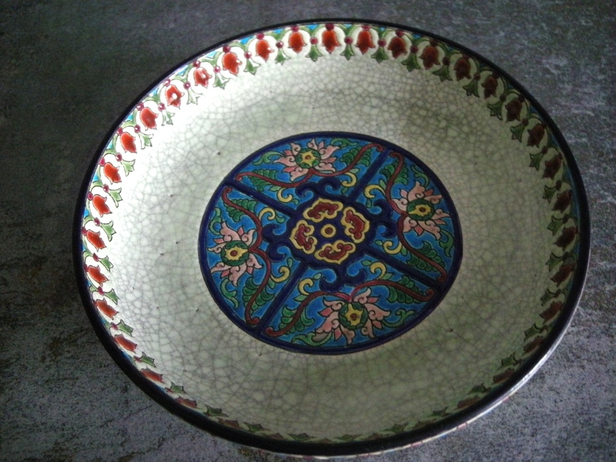 20th Century Art Deco Enamelled Bowl On Foot, Longwy-photo-7