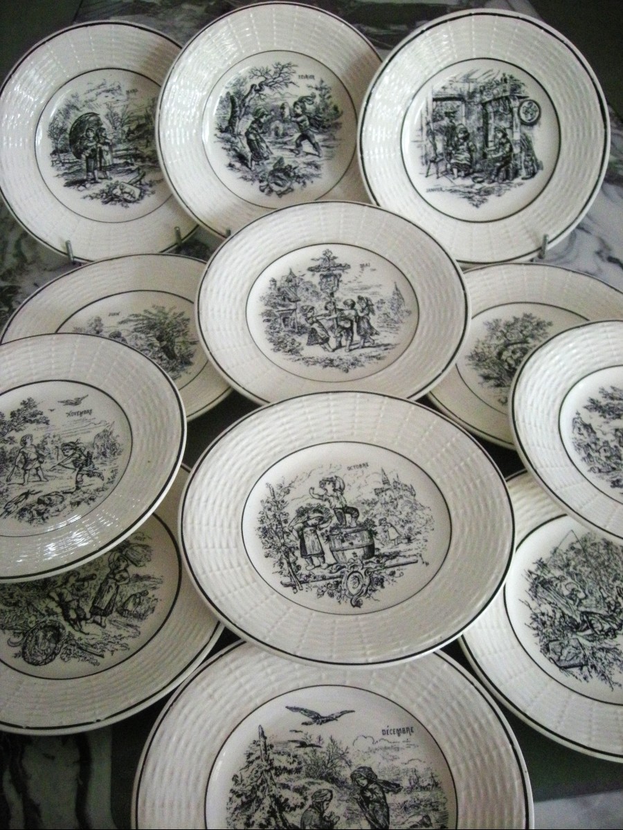 12 20th Century Dessert Plates, Sarreguemines Months Theme