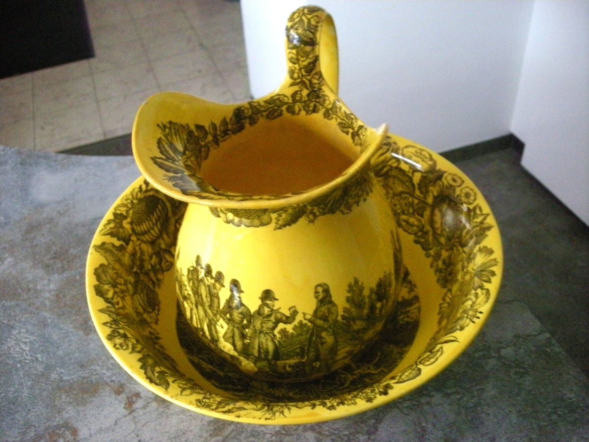 Broc  et sa  Cuvette  Faïence Fine Jaune 1830  décor  Chasse  à  Courre  -photo-2