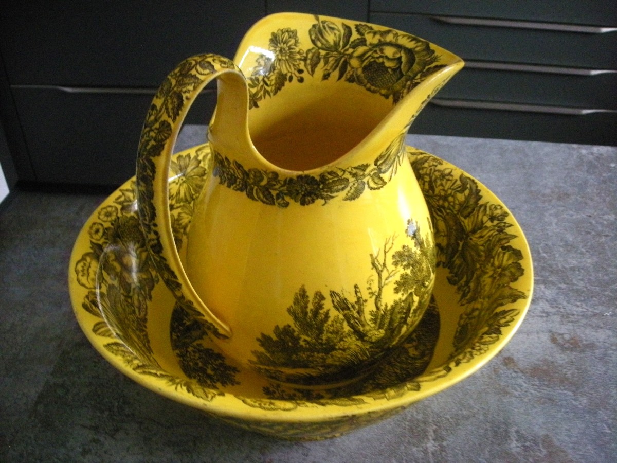 Broc  et sa  Cuvette  Faïence Fine Jaune 1830  décor  Chasse  à  Courre  -photo-3