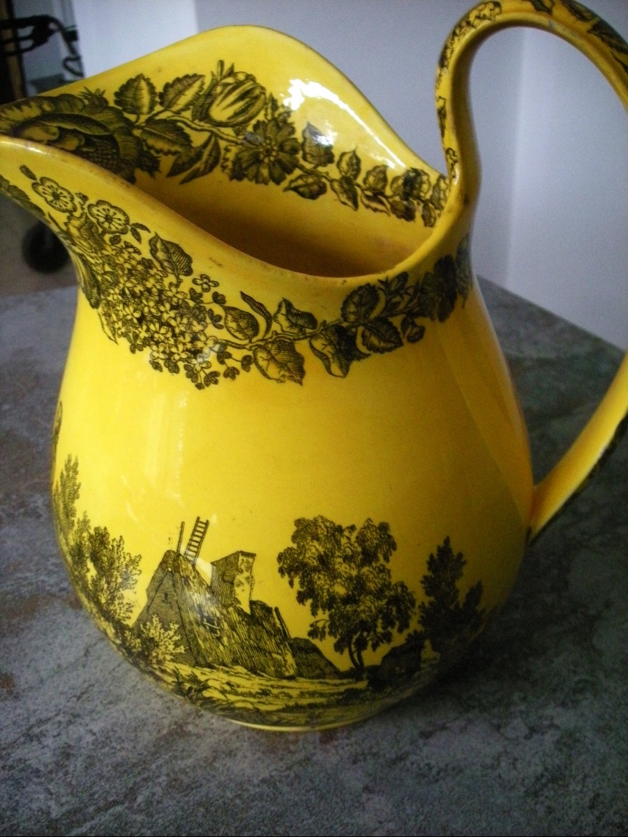 Broc  et sa  Cuvette  Faïence Fine Jaune 1830  décor  Chasse  à  Courre  -photo-2