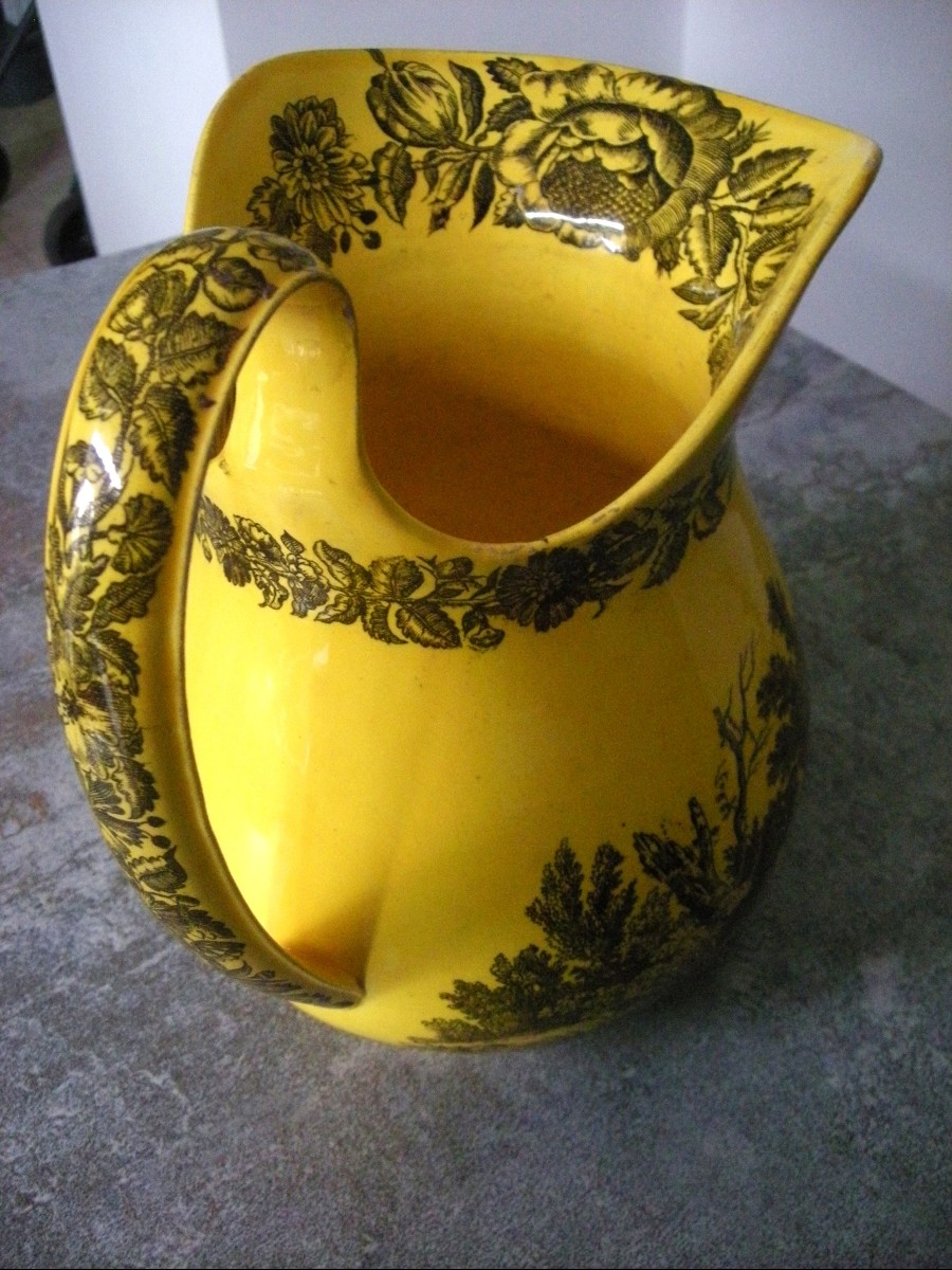 Broc  et sa  Cuvette  Faïence Fine Jaune 1830  décor  Chasse  à  Courre  -photo-3