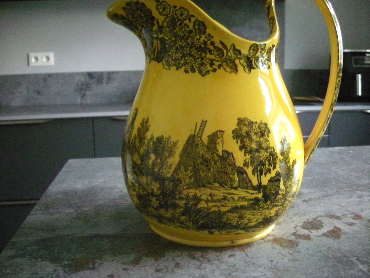 Broc  et sa  Cuvette  Faïence Fine Jaune 1830  décor  Chasse  à  Courre  -photo-4