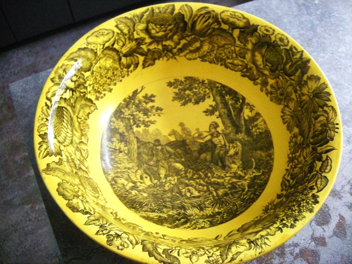 Broc  et sa  Cuvette  Faïence Fine Jaune 1830  décor  Chasse  à  Courre  -photo-6