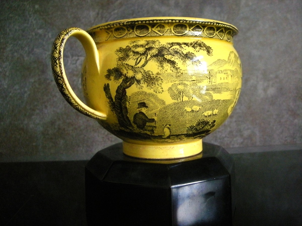 Large 19th Century Fine Yellow Earthenware Cup With "a True Little Painting" Decoration