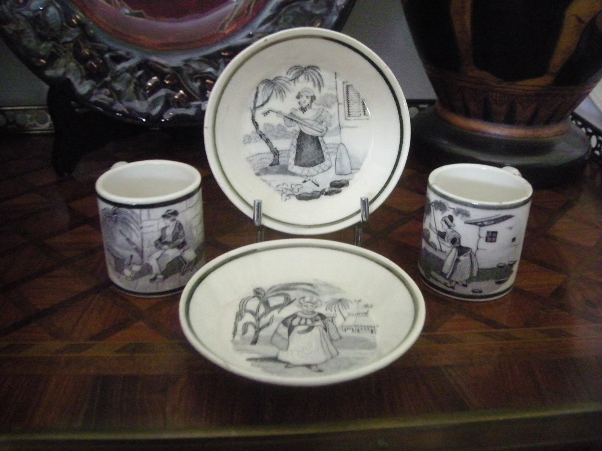 Two Cups And Saucers, Grisaille Decoration, 1824, Choisy Le Roi Factory