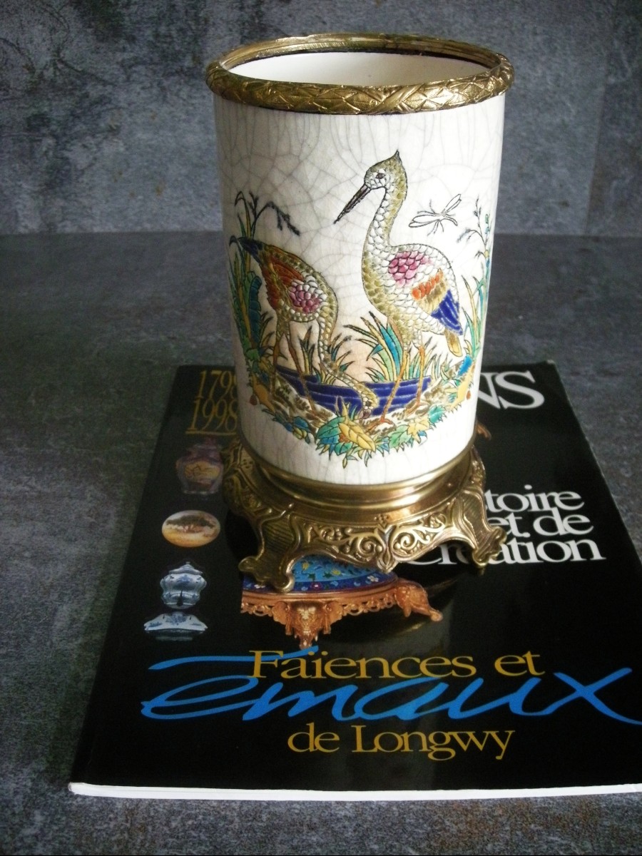 Vase  XIXème   en  émaux  de  LONGWY  monté  sur  Bronze.-photo-2