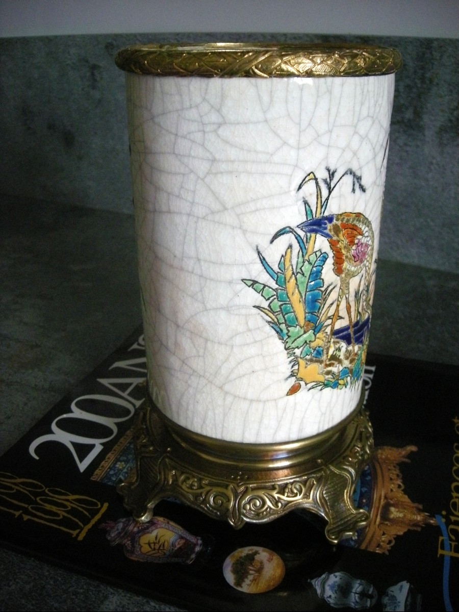 Vase  XIXème   en  émaux  de  LONGWY  monté  sur  Bronze.-photo-3