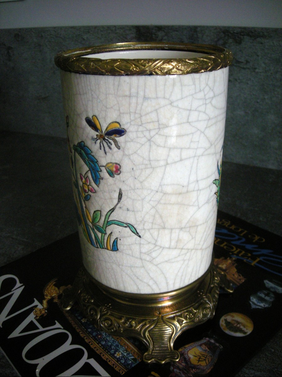 Vase  XIXème   en  émaux  de  LONGWY  monté  sur  Bronze.-photo-4