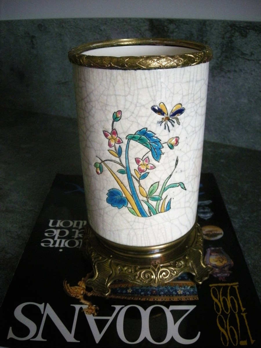 Vase  XIXème   en  émaux  de  LONGWY  monté  sur  Bronze.-photo-1