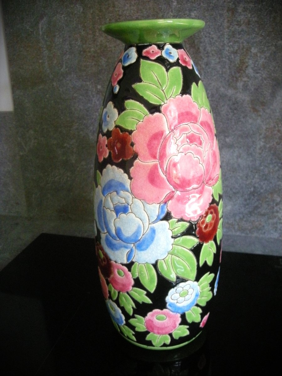 1930 Art Deco Enamelled Earthenware Vase Signed Boch Kéramis-photo-2