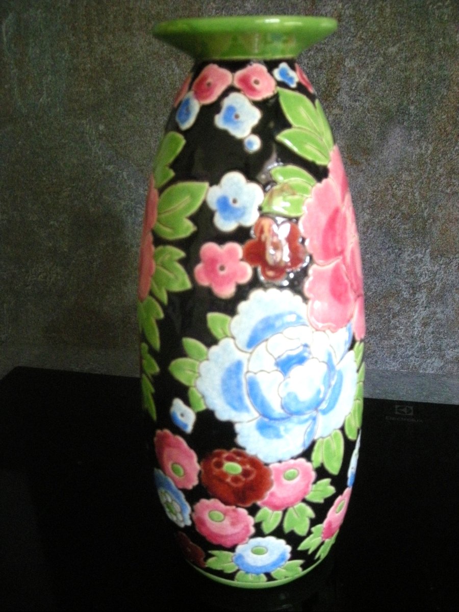 1930 Art Deco Enamelled Earthenware Vase Signed Boch Kéramis-photo-3