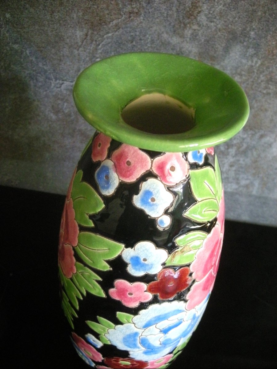 1930 Art Deco Enamelled Earthenware Vase Signed Boch Kéramis-photo-4