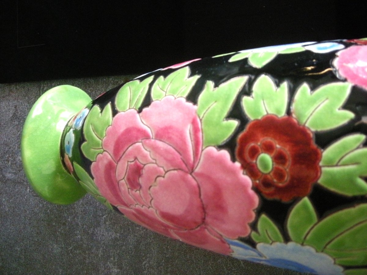 1930 Art Deco Enamelled Earthenware Vase Signed Boch Kéramis-photo-1