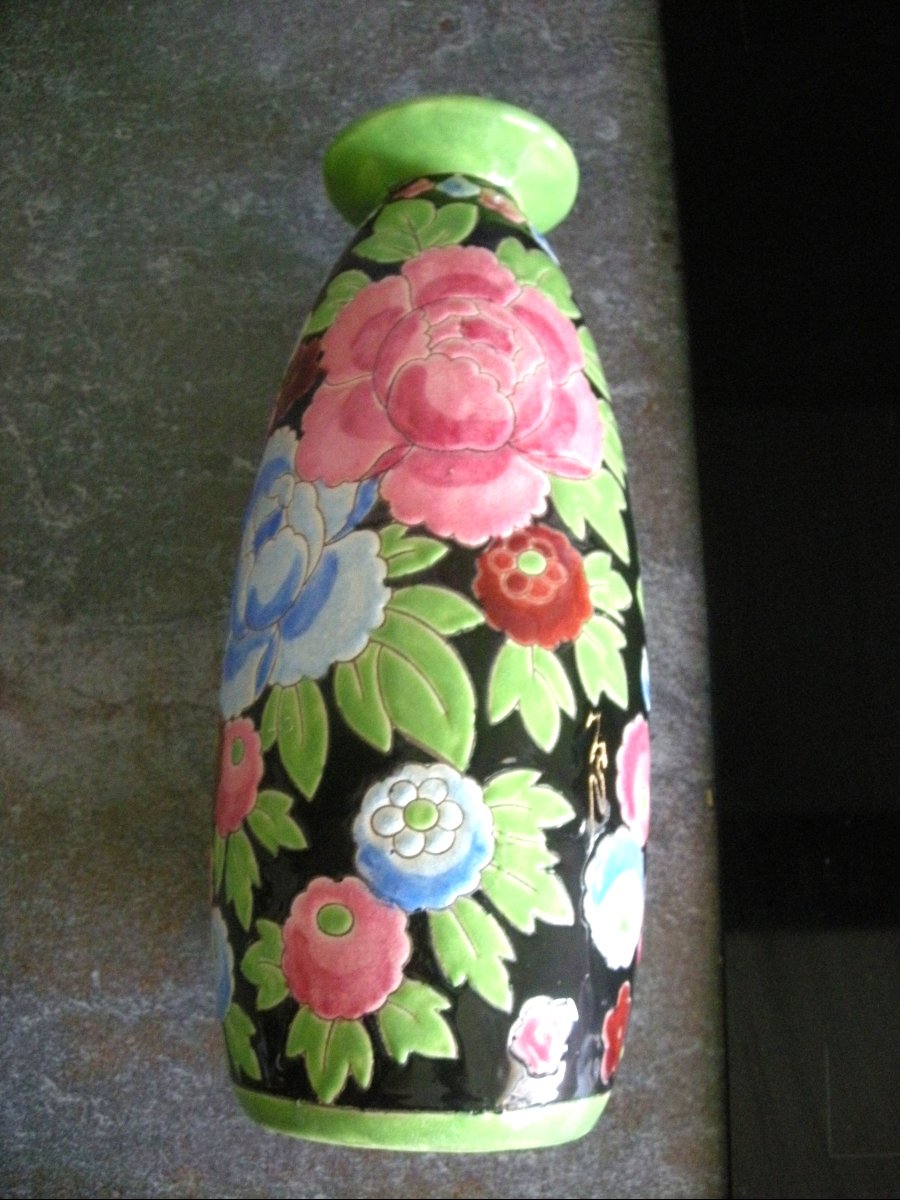 1930 Art Deco Enamelled Earthenware Vase Signed Boch Kéramis-photo-4
