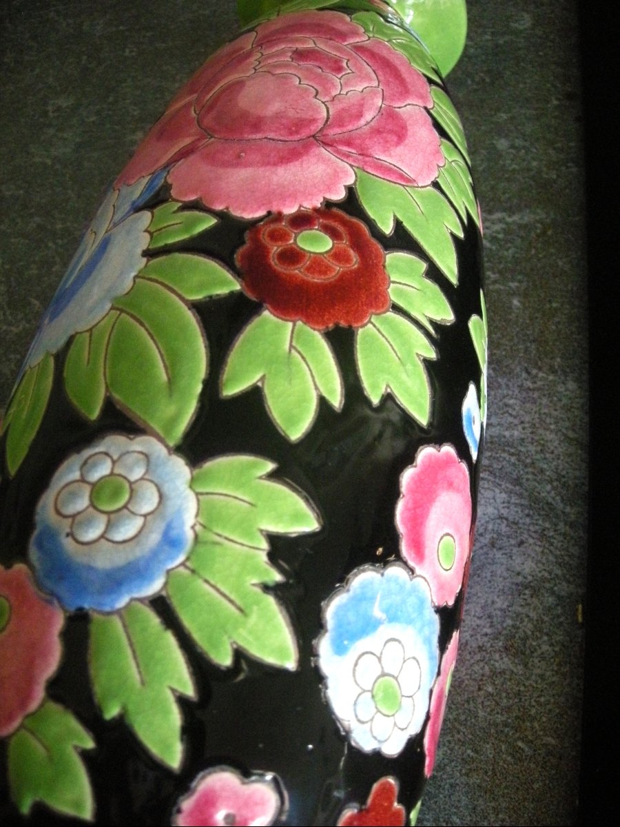 1930 Art Deco Enamelled Earthenware Vase Signed Boch Kéramis-photo-5