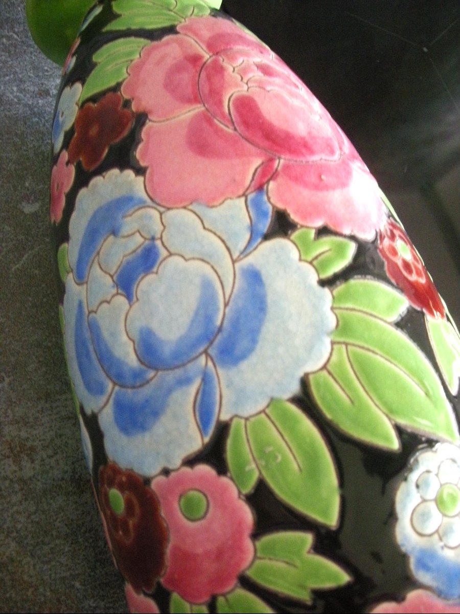 1930 Art Deco Enamelled Earthenware Vase Signed Boch Kéramis-photo-6