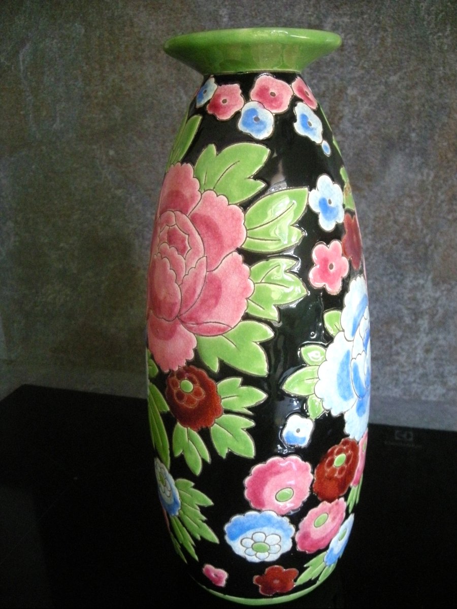 1930 Art Deco Enamelled Earthenware Vase Signed Boch Kéramis