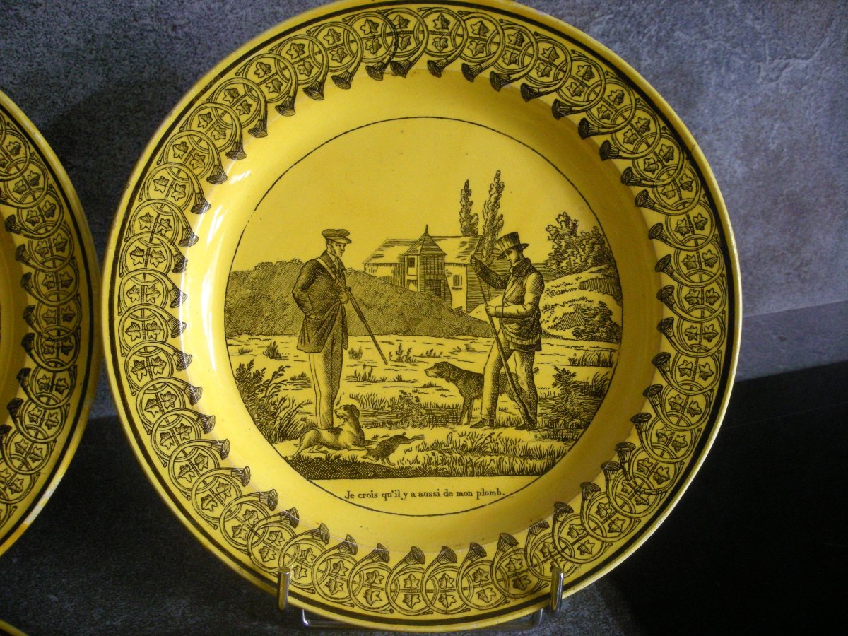6  Assiettes  Faïence  Fine  Jaune  Décor  Chasse  1825  de  Montereau  -photo-3