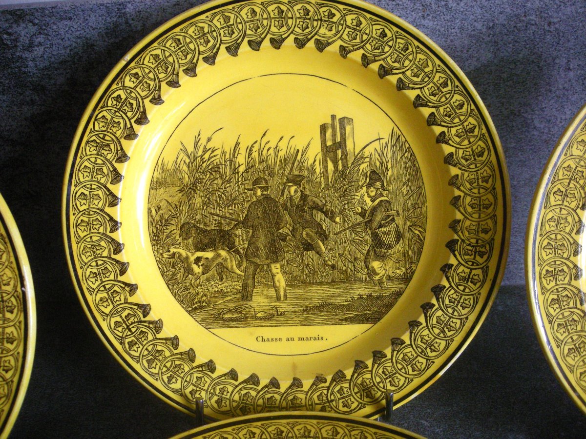 6  Assiettes  Faïence  Fine  Jaune  Décor  Chasse  1825  de  Montereau  -photo-4