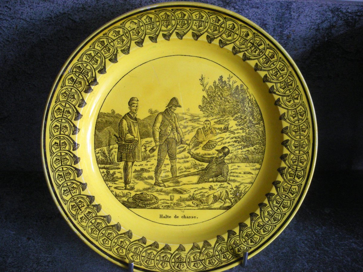 6  Assiettes  Faïence  Fine  Jaune  Décor  Chasse  1825  de  Montereau  -photo-3