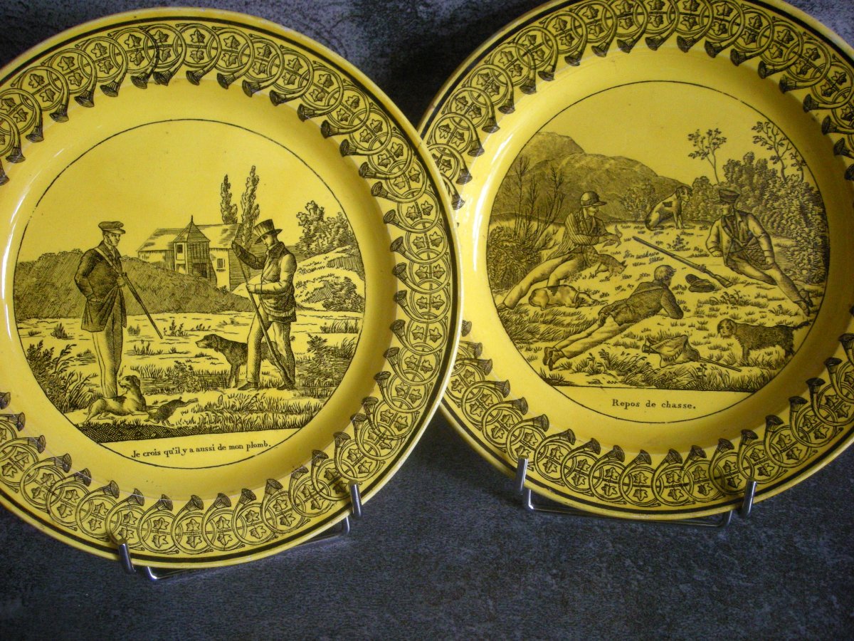 6  Assiettes  Faïence  Fine  Jaune  Décor  Chasse  1825  de  Montereau  -photo-5