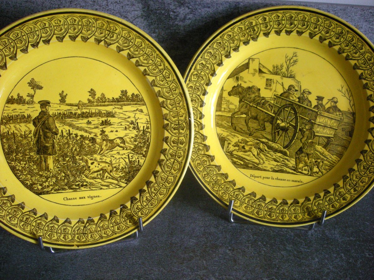 6  Assiettes  Faïence  Fine  Jaune  Décor  Chasse  1825  de  Montereau  -photo-6