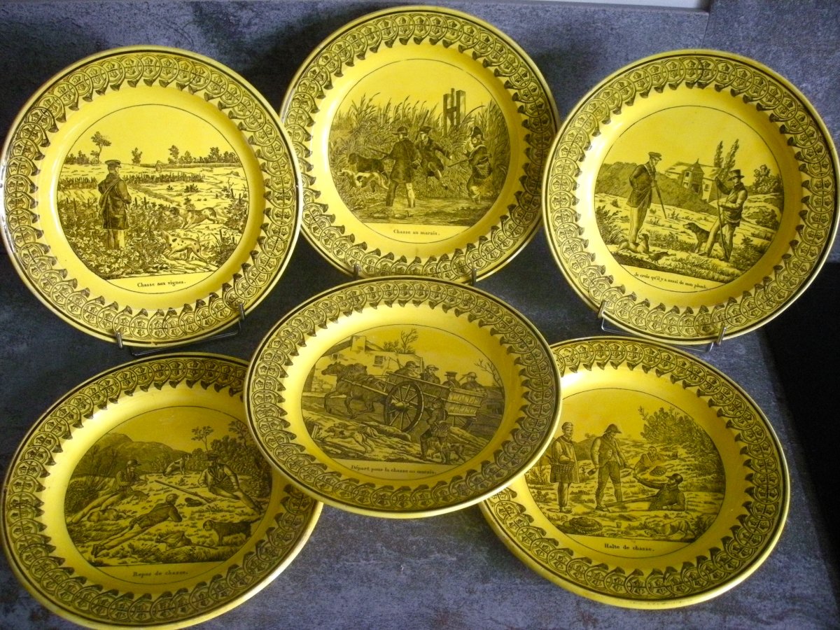 6  Assiettes  Faïence  Fine  Jaune  Décor  Chasse  1825  de  Montereau  
