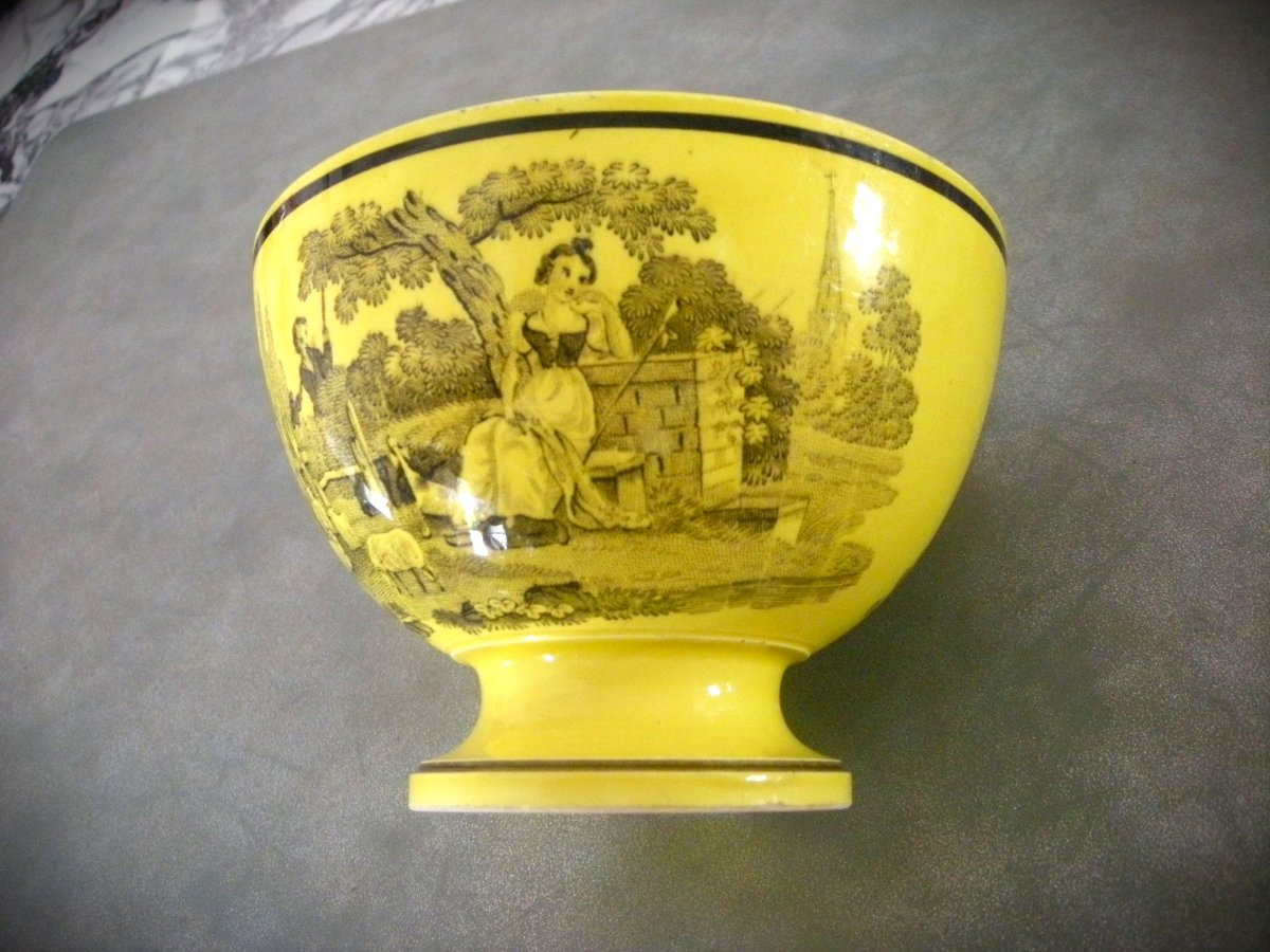 Bol  Faïence  Fine  Jaune  1820  décor  Enfants  signé  Montereau-photo-3
