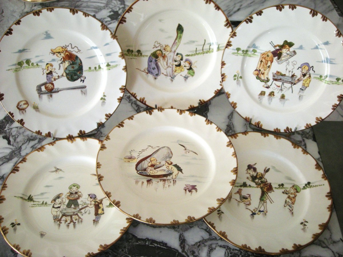 6  Grandes  Assiettes  Faïence  1878  " Service  Parisien "  Creil  Montereau