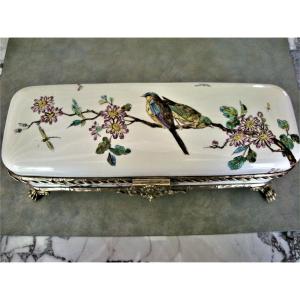 Jewelery Box In Earthenware Decor Enamels Signed Creil And Montereau