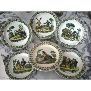 6 Fine Earthenware Plates In Polychromy Signed Montereau