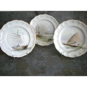 3  Assiettes  1889  Decor  Marine  De  Ludovic  Napoleon  Lepic