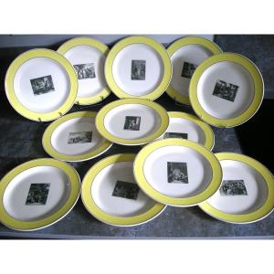 12  Assiettes  Faience  Fine  Rare  Decor  A  l' Etiquette  Signees  Creil