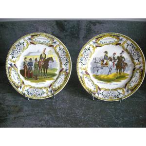 2 Polychrome Faience Plates Military Decor Signed Creil