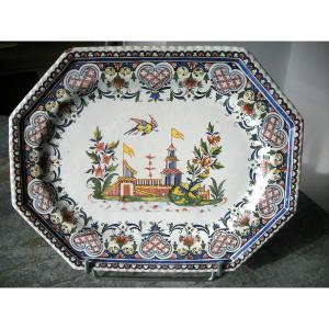 18th Century Earthenware Dish Decor "at The Pagoda" From Rouen