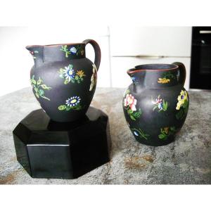 Two Black Basalt Milk Jugs Signed Wedgwood