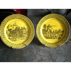 Two Fine Yellow Earthenware Plates Montereau Hunting Decor