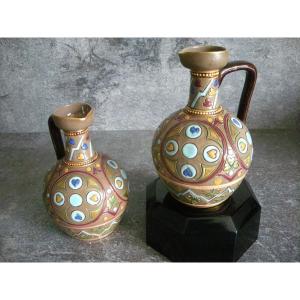 Two Pitchers In Fine Stoneware With Enameled Decor Signed Sarreguemines