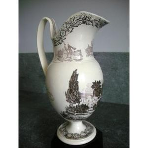 Ewer In Fine Earthenware 19th Century Grisaille Decor