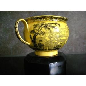 Large 19th Century Fine Yellow Earthenware Cup With "a True Little Painting" Decoration