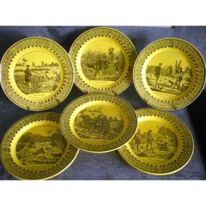6  Assiettes  Faïence  Fine  Jaune  Décor  Chasse  1825  de  Montereau  