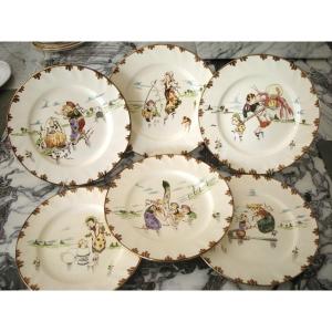 6 Grandes Assiettes Faïence 1878 " Service Parisien " Creil Montereau