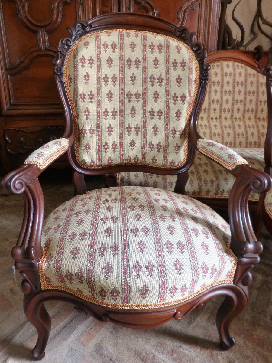 Salon époque Napoléon III, Acajou. Banquette 3 Places avec 4 fauteuils-photo-2