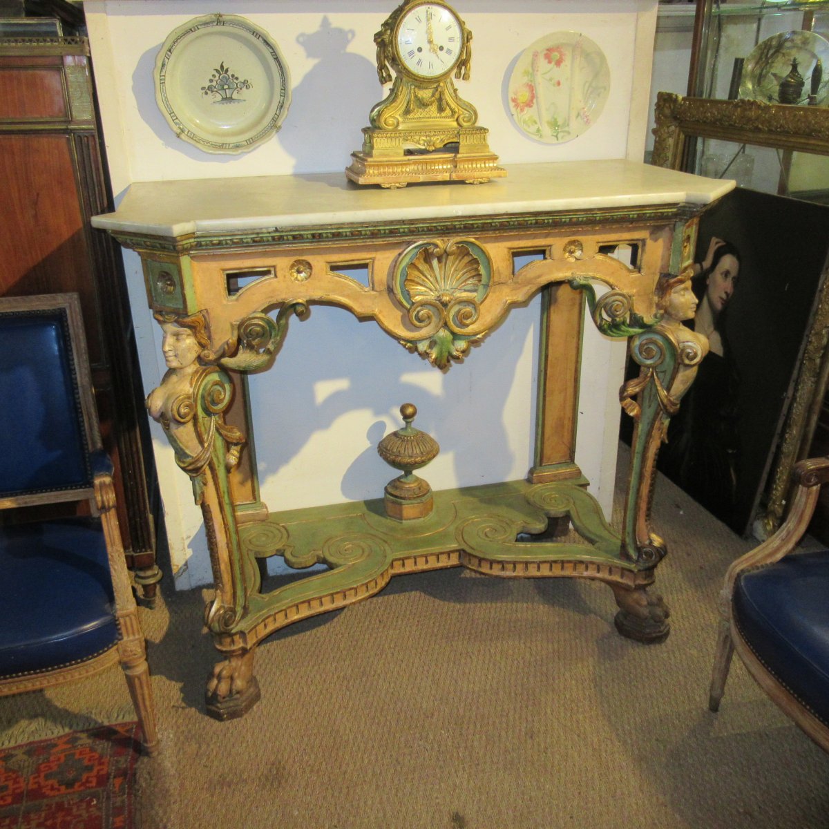Large 18th-century Italian Console Table Made Of Gilded And Painted Wood With A White Marble Top; In Very Good Condition-photo-3