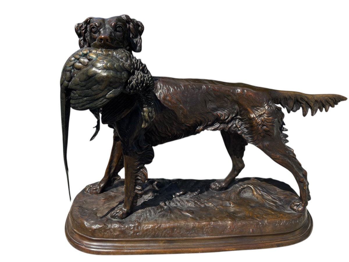 Large Bronze Sculpture Chien Setter Au Gibier Jules Moignez By La Fonderie Laugaraise
