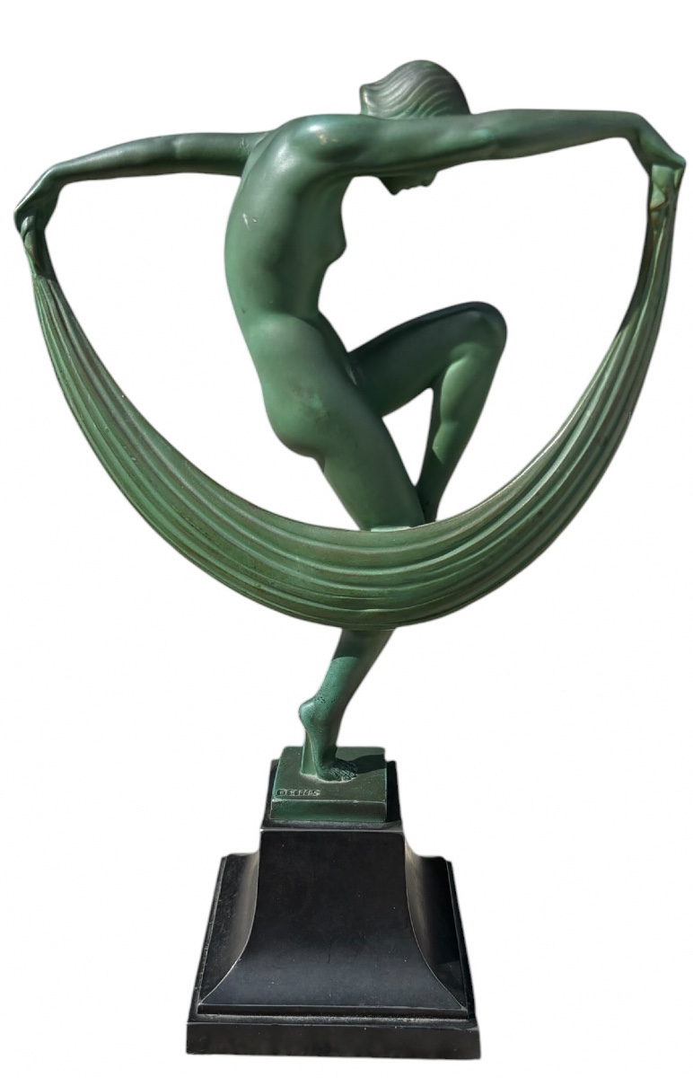 Dancer With Drapery, Signed Denis, In Spelter On A Marble Base-photo-3