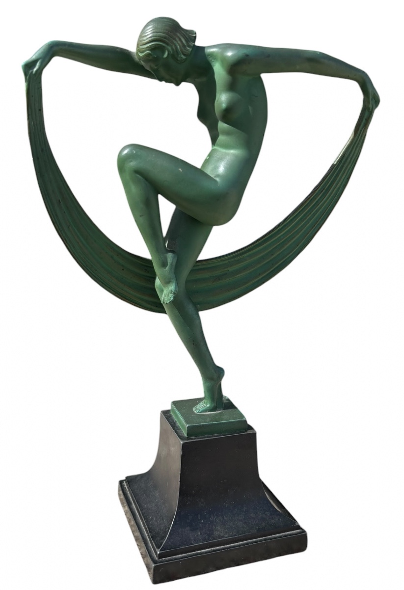 Dancer With Drapery, Signed Denis, In Spelter On A Marble Base