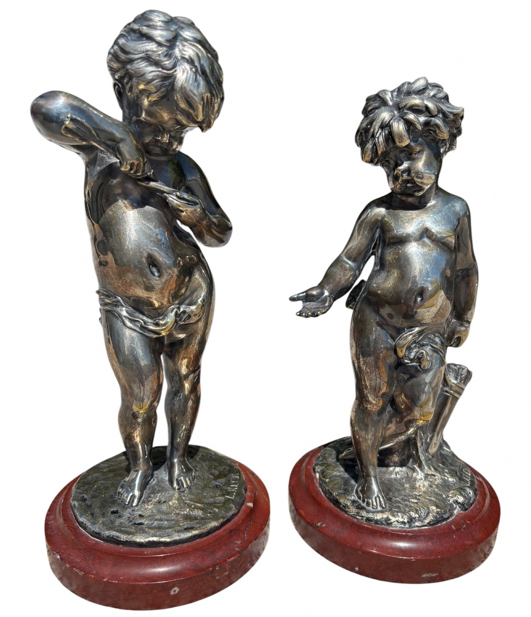 Pair Of Silver-plated Bronze Figures Of Two Children By Louis Kley ( 1833 - 1911 )
