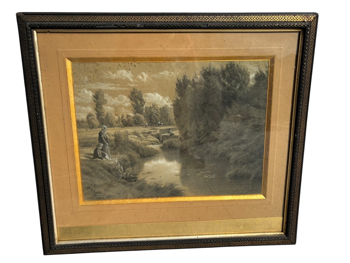 Drawing By émile François Michel: Figures By The Water’s Edge